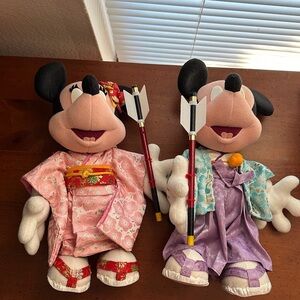 Vintage Mickey and Minnie Mouse Plush Dolls Disneyland Tokyo Japanese Attire